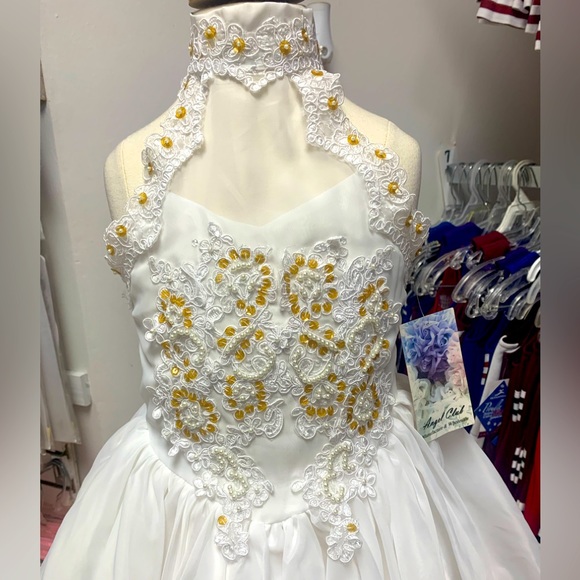 Sz 6 White Gold Halter Neck Beaded Pageant FlowerGirl Special Occasion Dress NWT - Picture 2 of 7